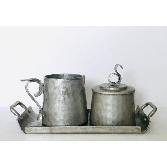1940s Buenilum Hammered Aluminum Cream & Sugar Set & Serving Tray BW Metalwork - Picture 1 of 13